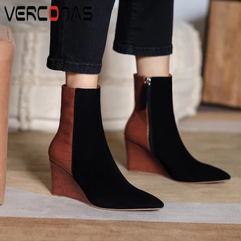 

VERCONAS Autumn Winter Office Lady Ankle Boots For Women Concise Pointed Toe Wedges Heels Shoes Woman Side Zipper Kid Suede Boot