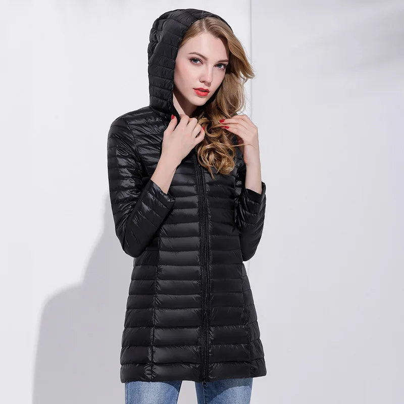 

Large size Winter Woman Padded Hooded Long Jacket White Duck Down Female Overcoat Ultra Light Slim Jackets Coat Portable Parkas