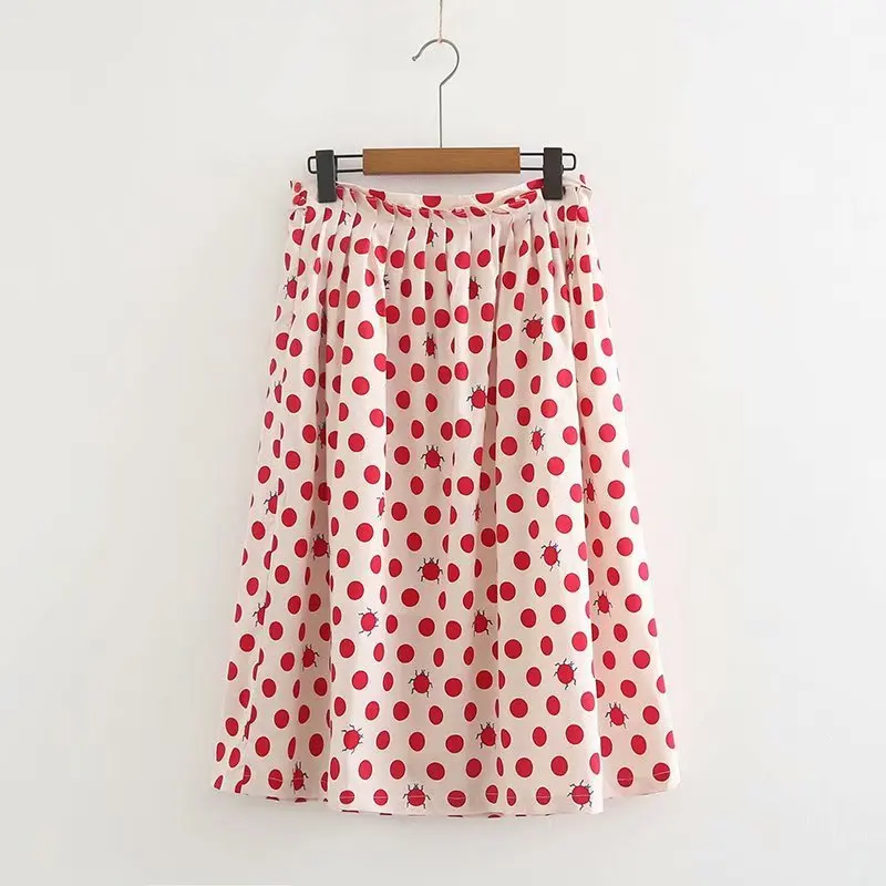 

Japanese-style Mori Girl Line Sweet Versatile Polka Dot Ladybug Printed Thin High-waisted Slimming GIRL'S Skirt Long Skirts Wome