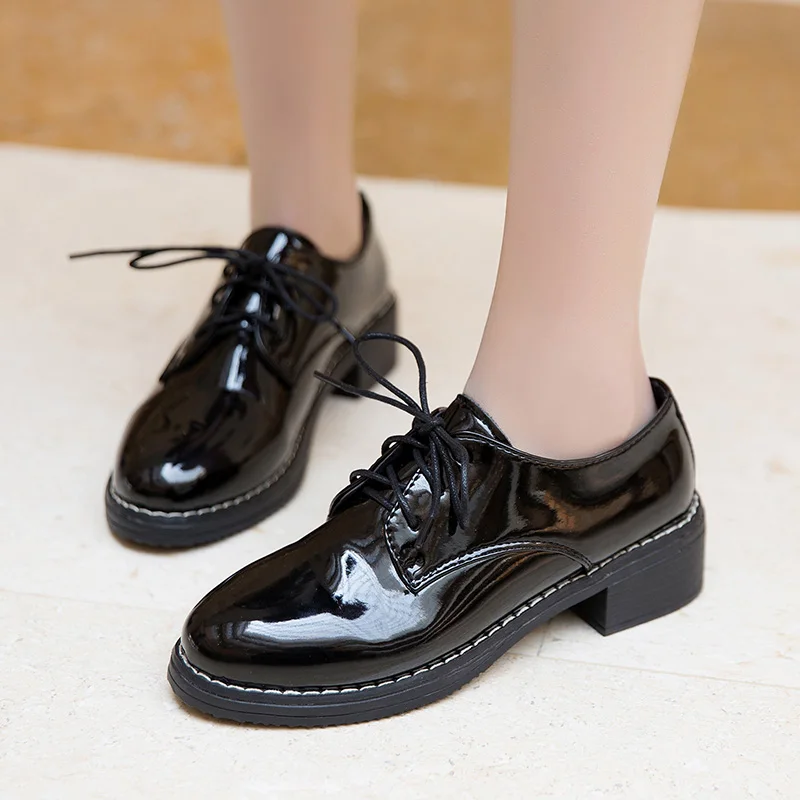 

Solid Leather Flats Women Shoes Woman New British Oxford Shoes for Women Flats Lace Up Creepers Zapatos Mujer Casual Shoes