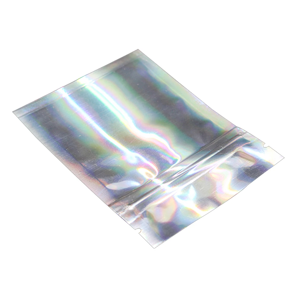 100Pcs Zip Lock Glittery Silver Mylar Foil Bag Tear Notch Flat Grip Seal Resealable Reclosable Food Candy Dry Fruit Nut Packing