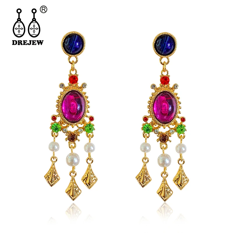 DREJEW Baroque Long Tassel Rhinestone Pearl Statement Dangle Earrings 2019 Fashion Alloy Drop for Women Weddings E9561 | Украшения и