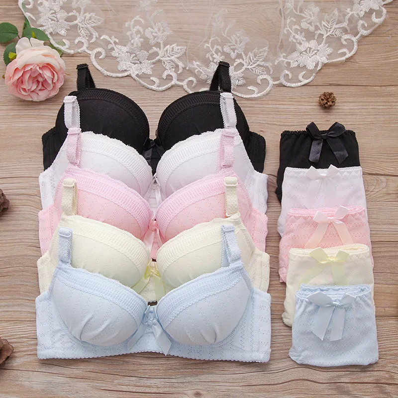 

Fresh solid color steel-free girl bra thin sexy comfortable cotton high school student underwear set Comfortable breathable