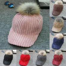 Женская грубая полосатая Вельветовая шарик из меха енота бейсбольная теплая зимняя шапка M0802