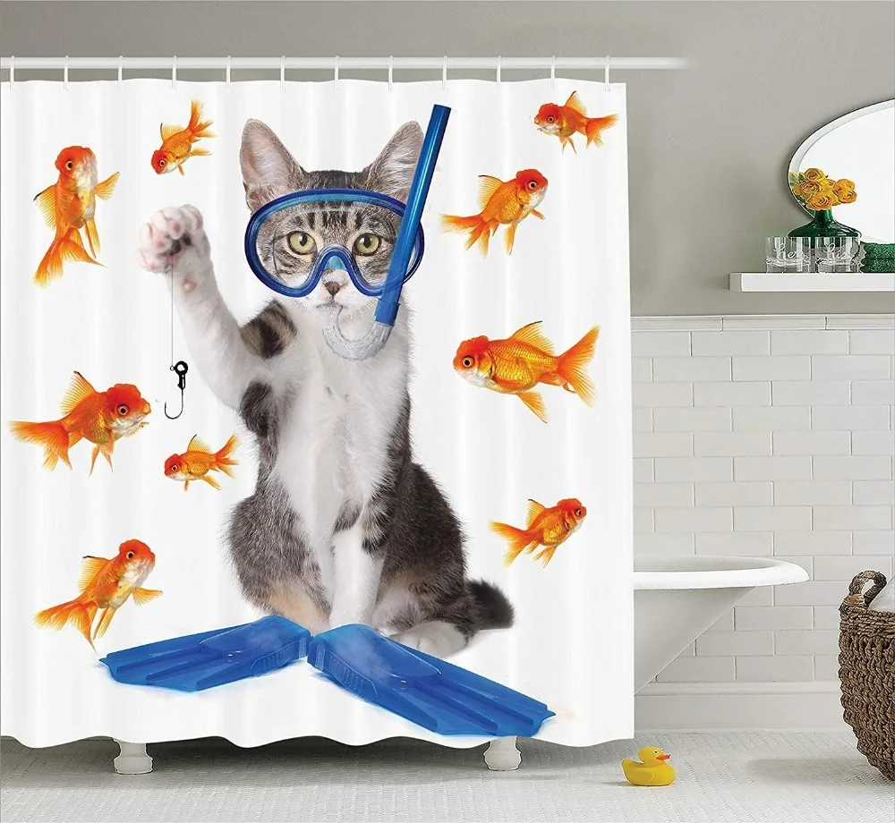 Chat Lover Decor Collection Modern Spin Sur Le Terme De Peche Curiosity Goldfish Chasse Humoristique Drole Art Polyester Tissu S Shower Curtains Aliexpress