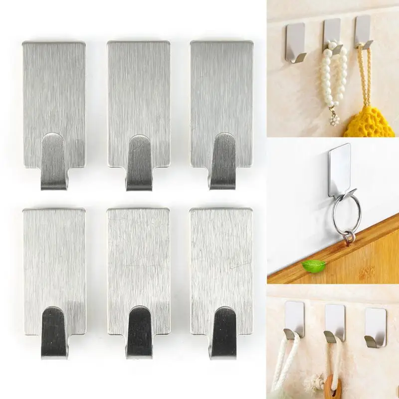 Multi-Purpose Hooks Home Bathroom Hanger Wall Sticking Hooks Self Adhesive Stainless Steel 6Pcs Hang