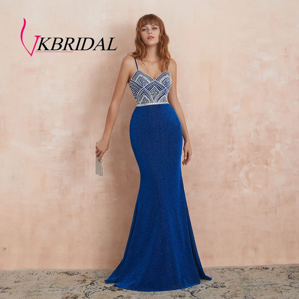 VKBRIDAL выпускные платья новые сексуальные блестящие ткани с бисером и кристаллами королевский синий формальные вечерние платья