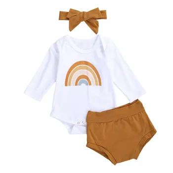 

3pcs Newborn Baby Boys Girls Cotton Clothes Autumn Kids Girls Rainbow Print Romper+High Waist Shorts+Headband Infant Clothing