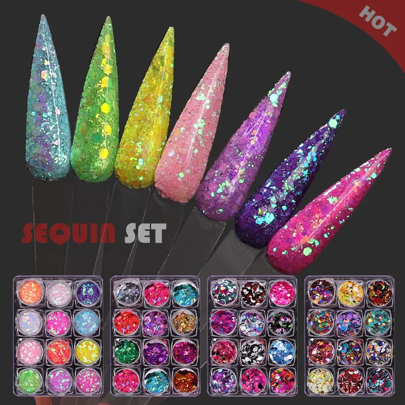 

12 Boxes/set Nail Laser Colorful Laser ultra-thin wafer Nail Glitter Irregular Nail Design Sequins For Nail Art Decoration