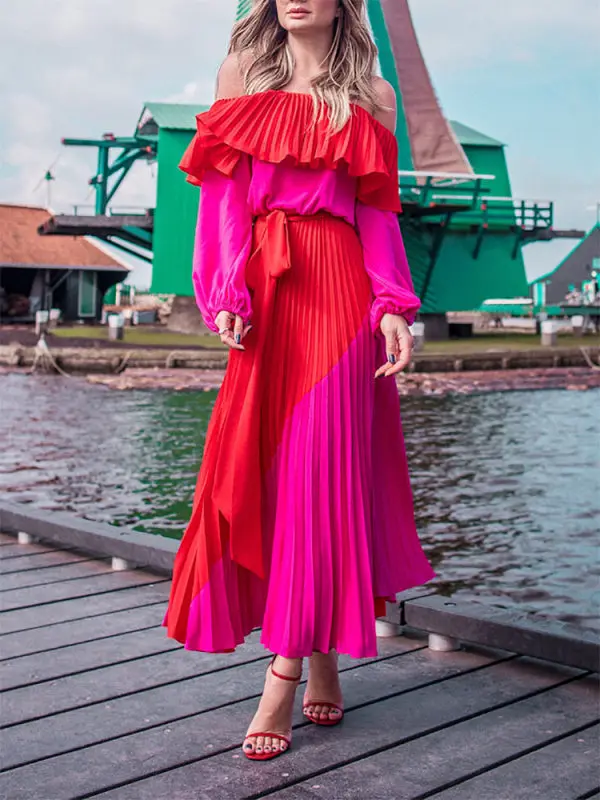 DEAT 2020 Spring Long Sleeve Slash Neck Strapless Red Fuchsia Patchwork High Waist Ruffles Maxi Dress Women MH896