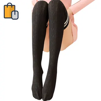 

Autumn New Linen Flower Color Vertical Striped Thigh High Socks Pure Cotton Slimming Knee Socks College Style Japanese-style