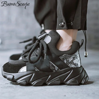 

Young Women Black Sneakers Dark Gothic Style Thick Bottom Sneakers Suede Leather Mesh Python Skin Pattern School Casual Shoes