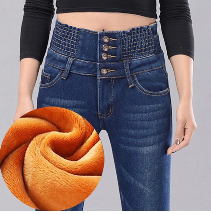 Winter Fleece Jeans Mujer Women 4 Button Warm Denim Pencil Pants Fashion High Waist Thick Trousers Casual Female Skinny Jeans
