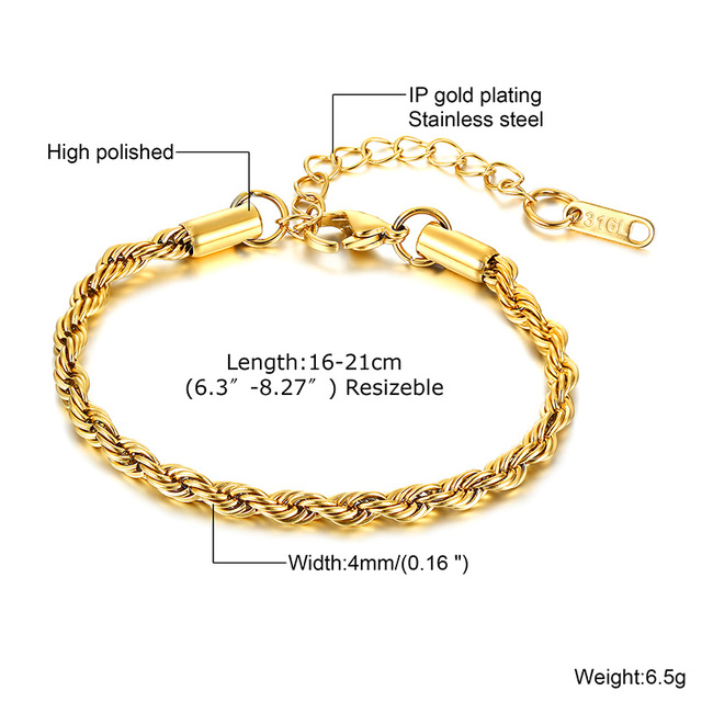 Twist Rope Chain Bracelet for Women Stainless Steel Bracelets Female Wrist Adjustable Length Party Layering Jewelry