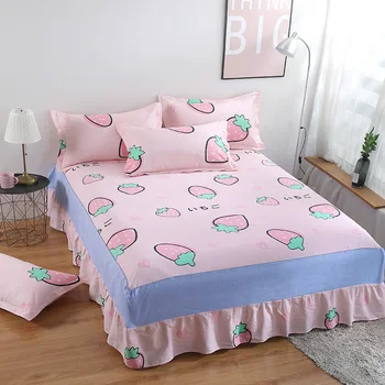 

100% Cotton 3pcs bed skirt Pillow cases strawberry modern sheet set single double queen king bed skirt pillow shams bedclothes