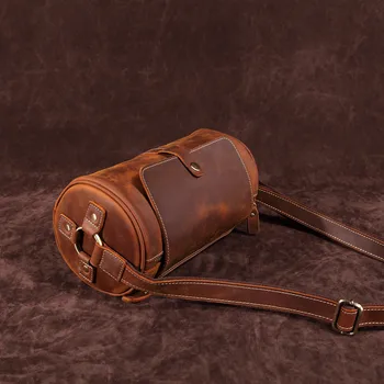 

New Men's Casual 100% Genuine Leather Real Cowhide Crazy Horse Leather Barrel-shaped Shoulder Bag Messenger Bag men's bag