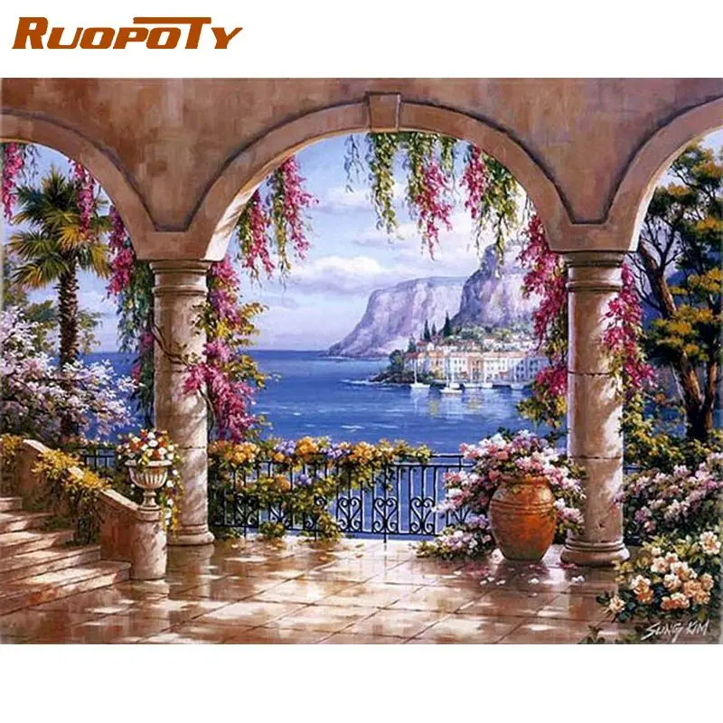 RUOPOTY Beautiful Arch DIY oil Painting by Numbers canvas with seven colors adult paint numbers Drawing With Brushes | Дом и сад