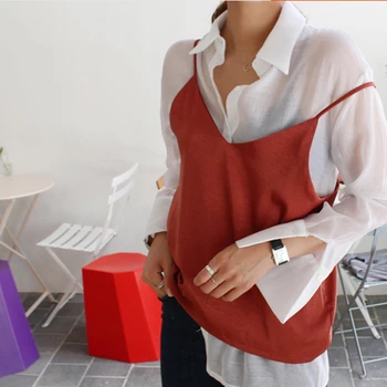 

ZCWXM New 2020 Women Summer Blouses Shirts Single Breasted 2 Pieces With Vest Fashionable Casual Transparent Tops Solid