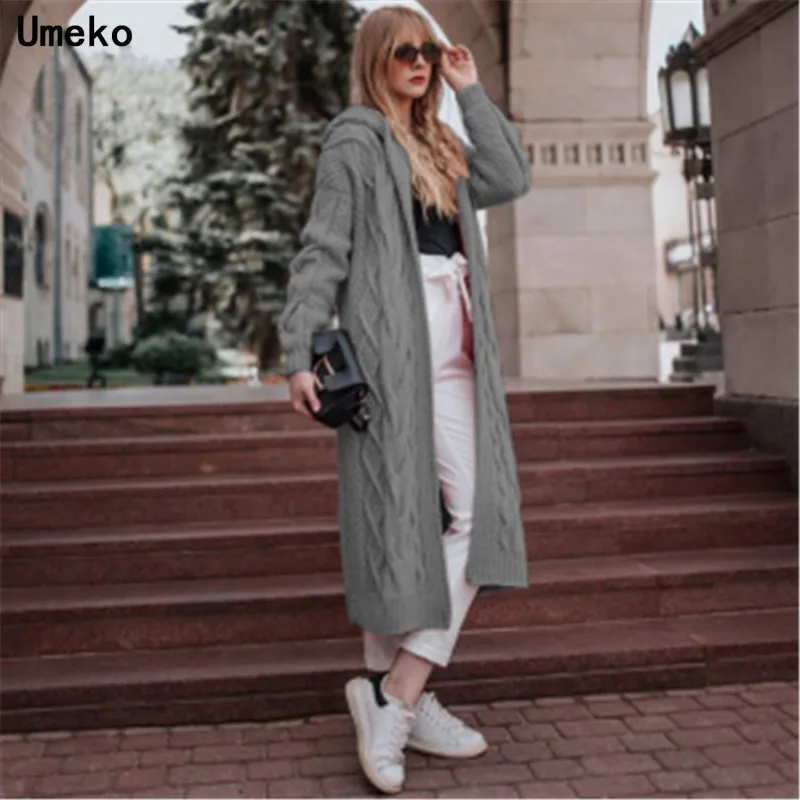 Женский вязаный кардиган Umeko зимний плотный теплый длинный с капюшоном винтажный