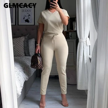 

Women O Neck Short Sleeve T Shirt and Skinny Jogger Pants Two Piece Casual Streetwear Workwear Chic Tracksuits