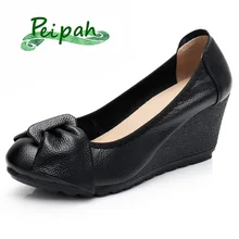 PEIPAH/Осенняя женская обувь из натуральной кожи на высоком каблуке; женские туфли-лодочки Mary Jane; повседневные женские туфли на танкетке без застежки