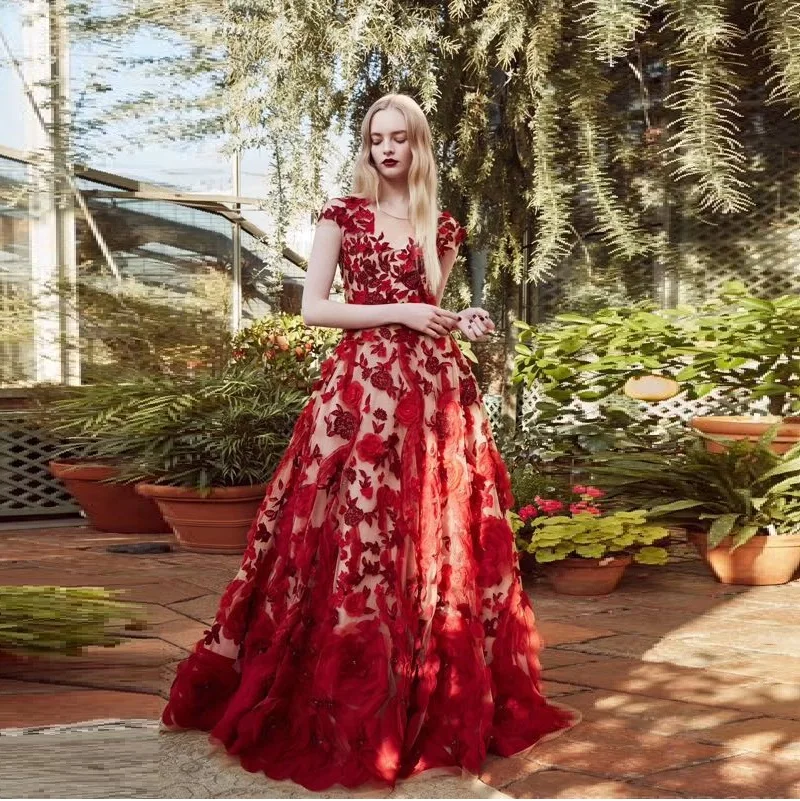 Red Women Evening Party Long Mesh Dresses Fashion Floral Sleeveless O-Neck Elegant Dress Female Celebrity Maxi Vestido