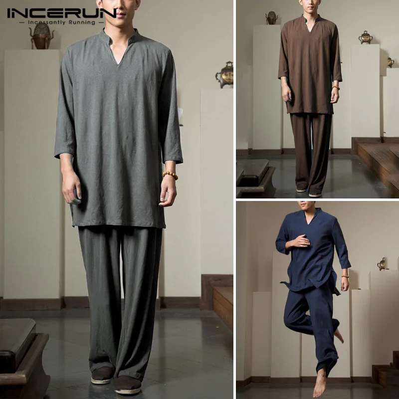 Tang Suit Chinese-Style Pants Men-Sets Streetwear INCERUN Solid V-Neck Tops Loose Retro