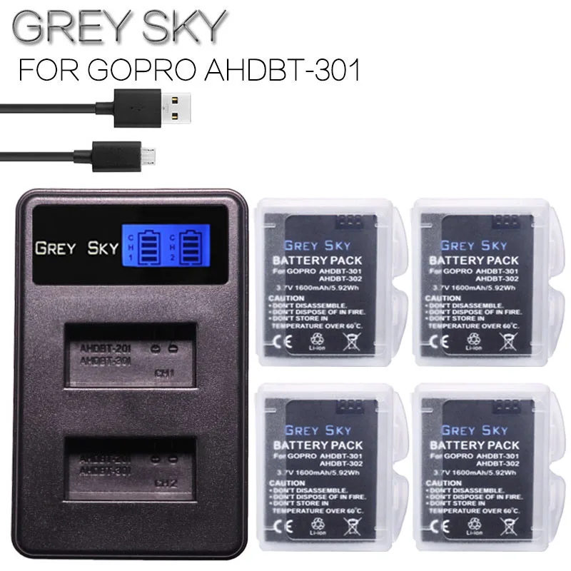 4 шт. 3 7 V 1600mAh AHDBT 301 AHDBT301 литий ионная батарея для камеры GoPro Hero3 + LCD USB двойное