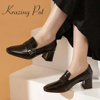 

Krazing pot 2020 new vintage genuine leather square toe high heels slip on leisure metal fasteners deep mouth spring shoes L20