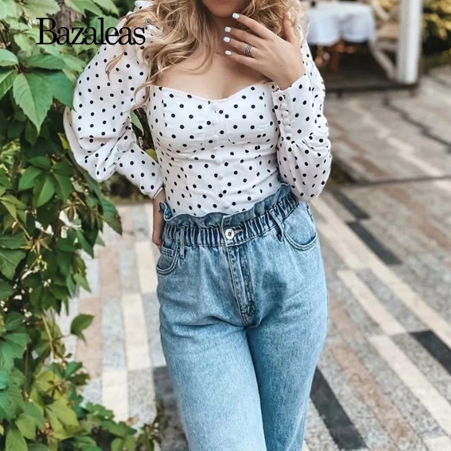 Bazaleas Fashion Dot Print White blouse women harajuku Center Buttons shirt Vintage Long Sleeve Blouse Chic Backless mujer | Женская