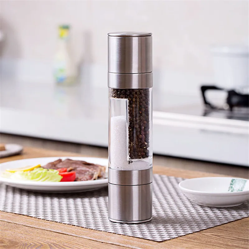 Salt Shakers 2 in 1 Double Head Stainless Steel Manual Pepper Mill Grinder Transparent Barbecue Seasoning Tank Cooking Tool | Дом и сад