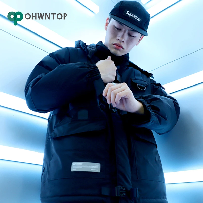 

Winter Warm Jacket Hip Hop Tactical Jacket Parka Men Streetwear Button Ribbon Cotton Pullover Hooded Jacket Solid Thick Outwear