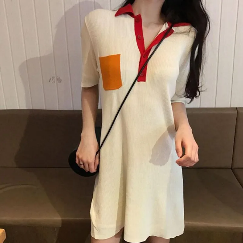 

Pocket Polo Dress Shirt For Women Girls Short Sleeve Casual Loose Knitting Cotton Summer Polo Brand High Quality Female Dresses