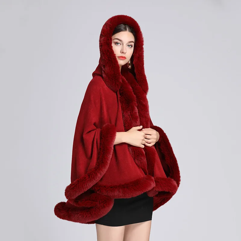 2021 Winter Women Poncho Big Faux Fur Collar Long Tassel Cape Thick Warm Faux Woolen Plus Velvet Outside Coat With Hat