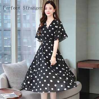 

2020 Summer New Arrival Hot Sale Dots Printed V Collar Flare Sleeve Women Chiffon Long Dress