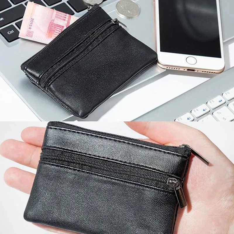 Men's Coin Purse Black Leather Single Zipper Multi-Function Mobile Phone Coin Purse Fashion Men's Mini Wallet