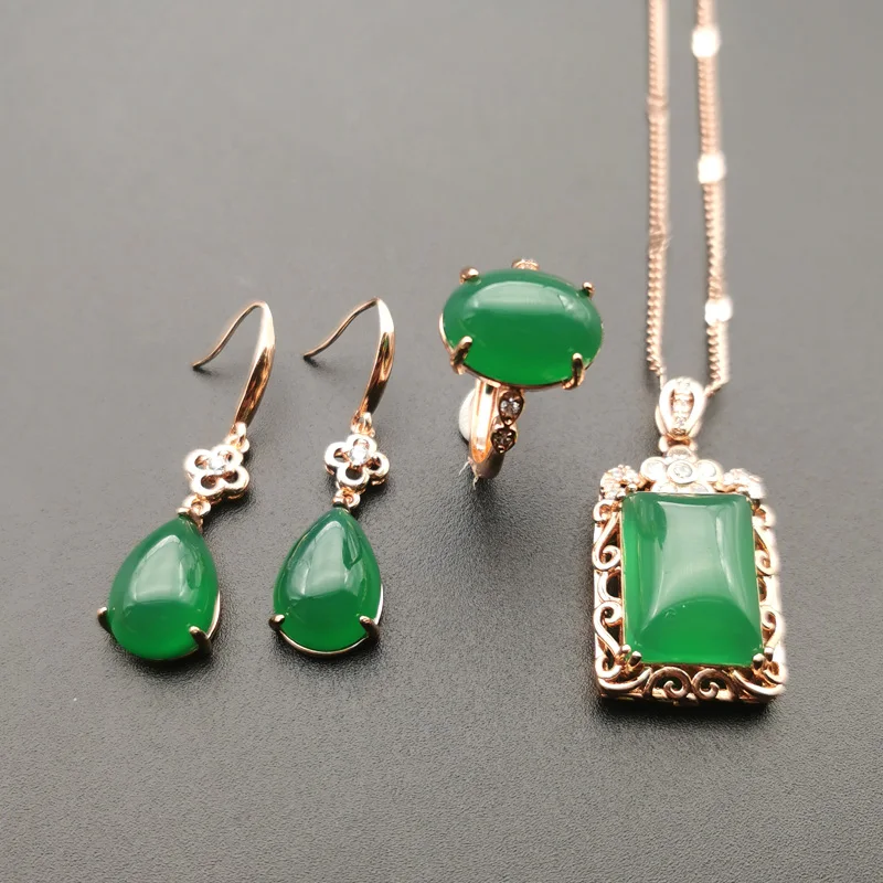 

JADERY 3PCS NATURAL GREEN JADE GEMSTONE JEWELRY SETS FOR WOMEN VINTAGE ROSE GOLD 925 STERLING SILVER NECKLACE/EARRINGS/RING GIFT