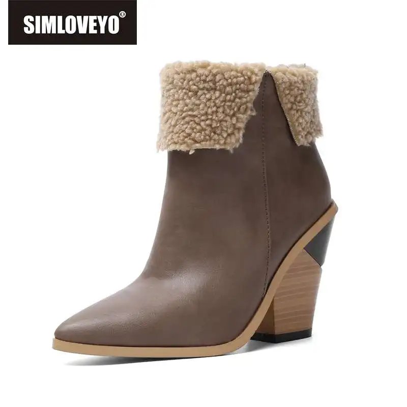 

SIMLOVEYO 2019 women boots in autumn winter chunky high heels pointe toe ankle boots short plush western cowboy booties size 43