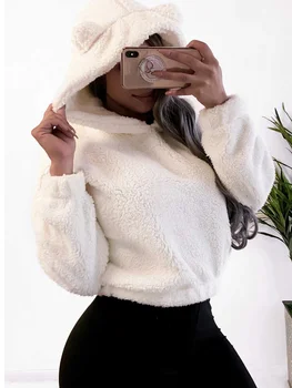 

Autumn Top Sexy Long Sleeve Plain Plush Short Hooded Top