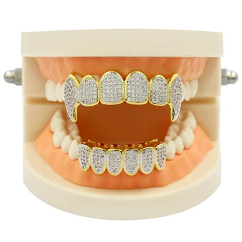 

18K Gold Color Plated Bling Full 3A Zircon CZ Teeth Grills Top Mouth Bottom Teeth Caps for Women Men