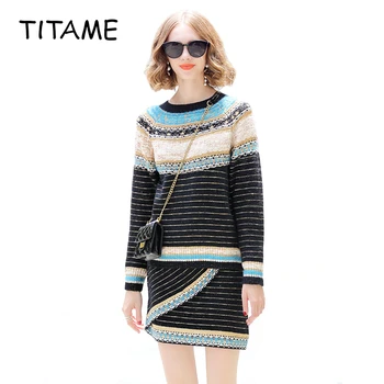 

TITAME Round Neck Hit Color Gold Line Grain Embroidery Pullover Jacket Collocation Knitting Short Skirt Two Piece Set