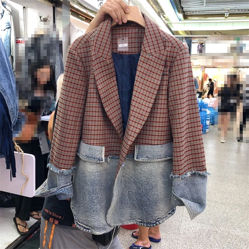  SuperAen 2019 Autumn New Korean Style Women Suit Jacket Plaid Stitching Denim Jackets Female Fashio