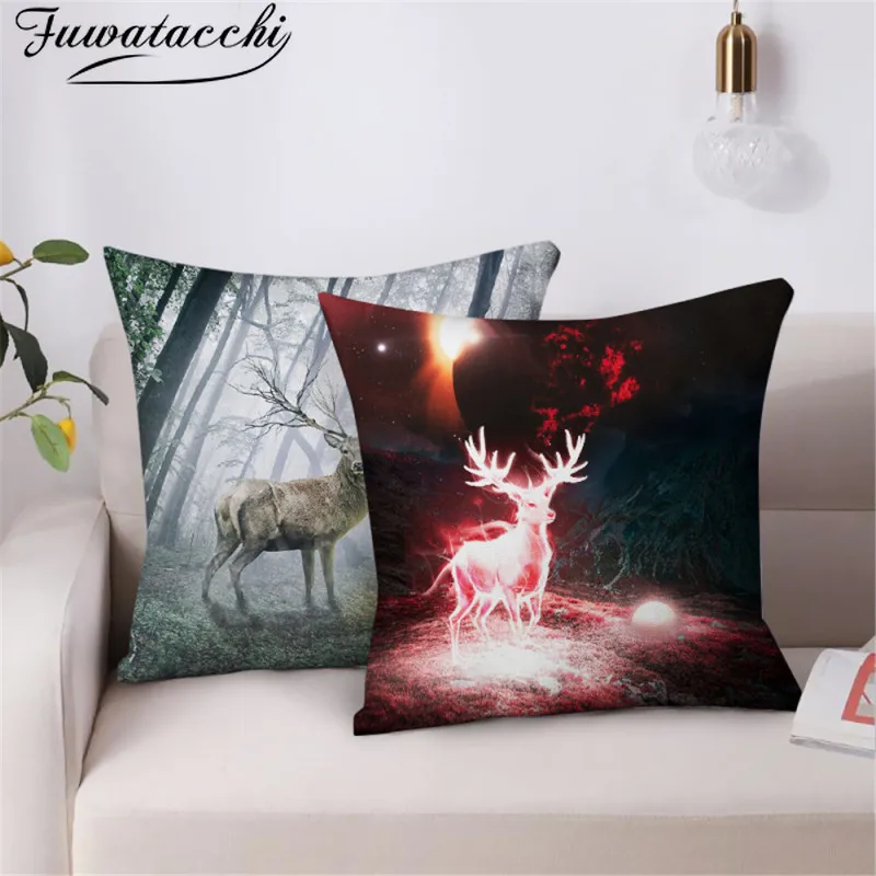 

Fuwatacchi Christmas Deer Photo Cushion Cover Elk Animals Printed Pillow Cover for Home Sofa Decor Pillowcases Fundas De Cojines