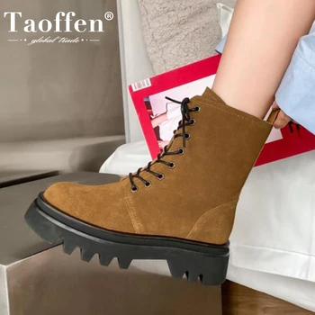 

Taoffen 2021 New Ankle Boots Women Round Toe Thick Heel Boots Fashion Shoes High Quality Cool Shoes Footwear Size 35-41