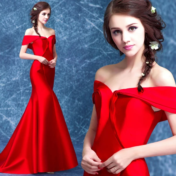 

hot sexy mermaid Evening new design red satin prom long cap sleeve vestido de festa longo robe de soiree mother of bride dresses