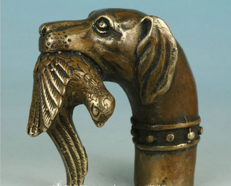 Old Bronze Hand Carved Pet dog Statue Cane Walking Stick Head