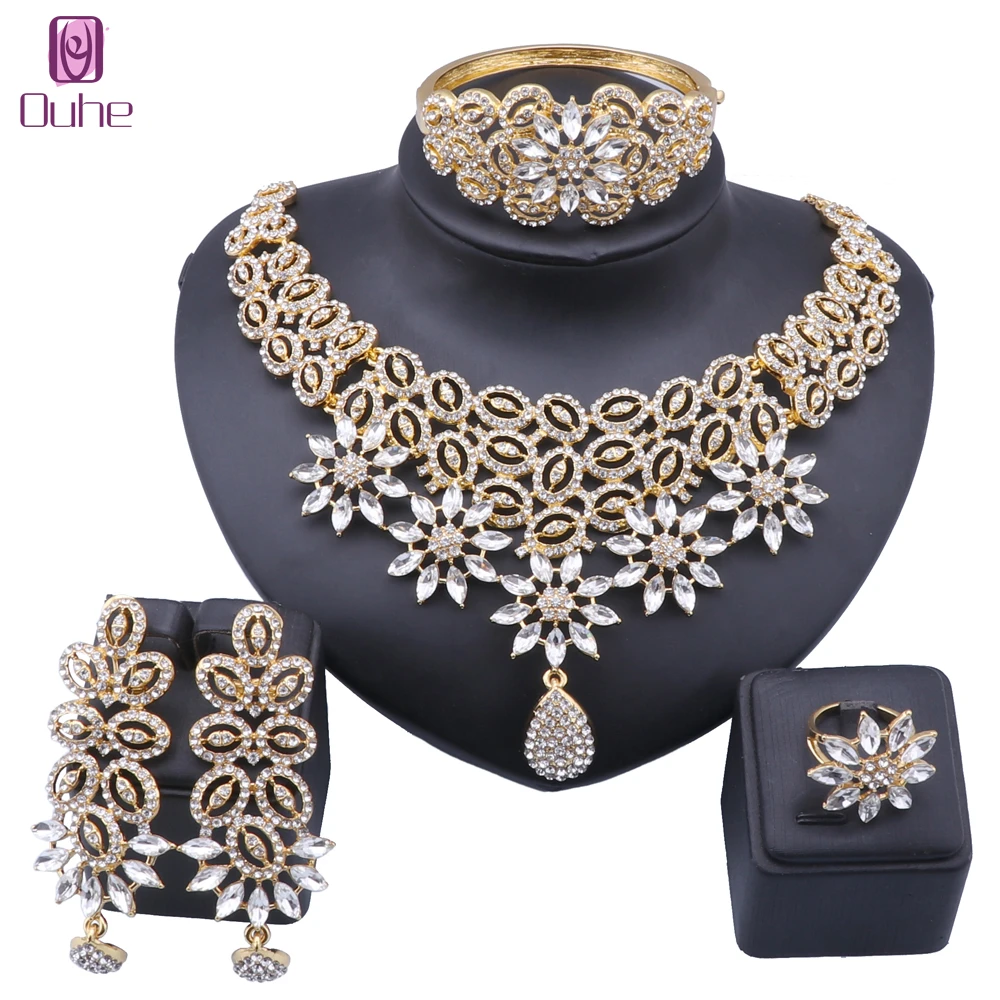 Dubai Fashion Rhinestone Jewelry Sets Charm Women Gold Color Necklace