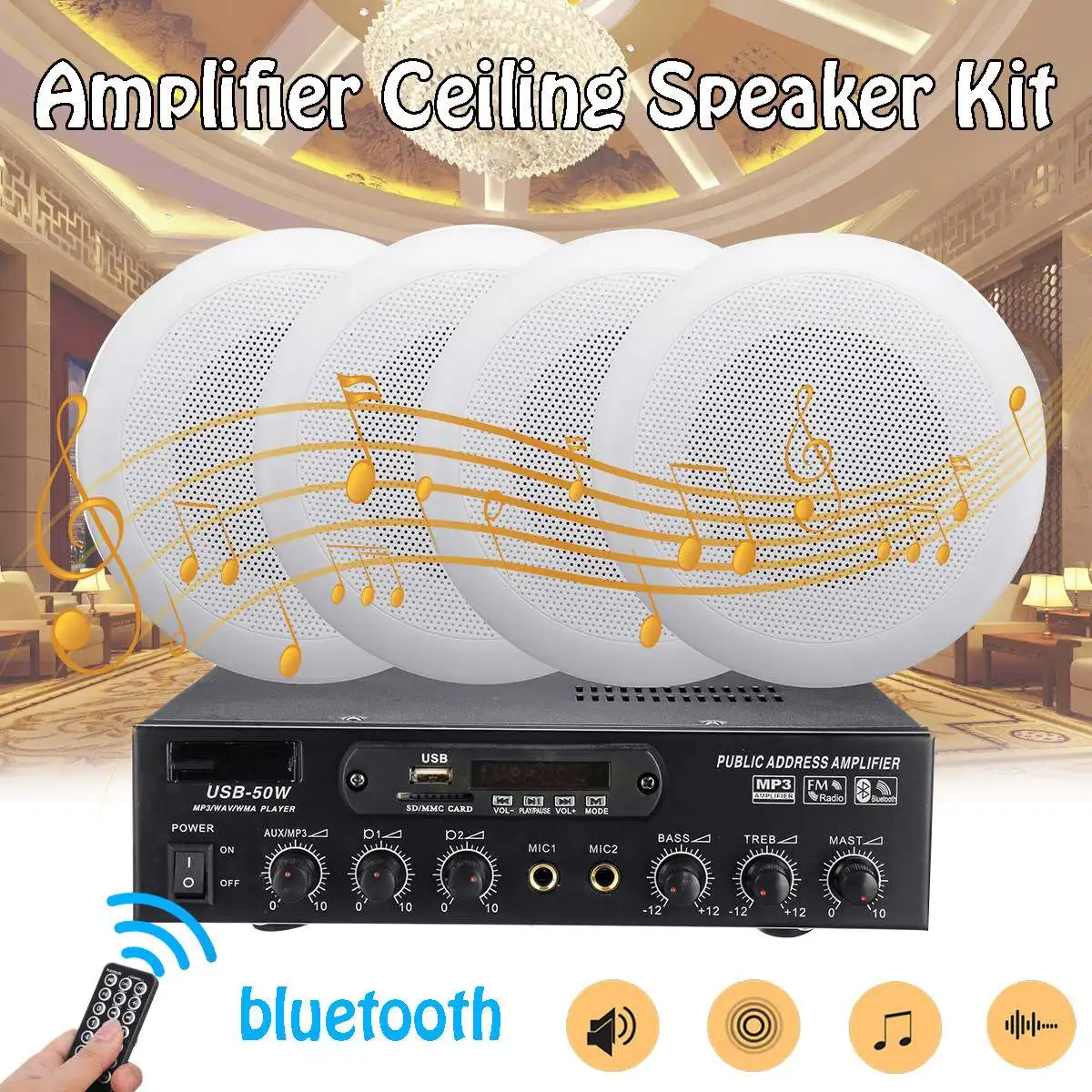 

50W 12V/220V HIFI Audio bluetooth Power Supply Home Amplifier Subwoofer Stereo FM Radio Amplifier Woofer Ceiling Speaker Set