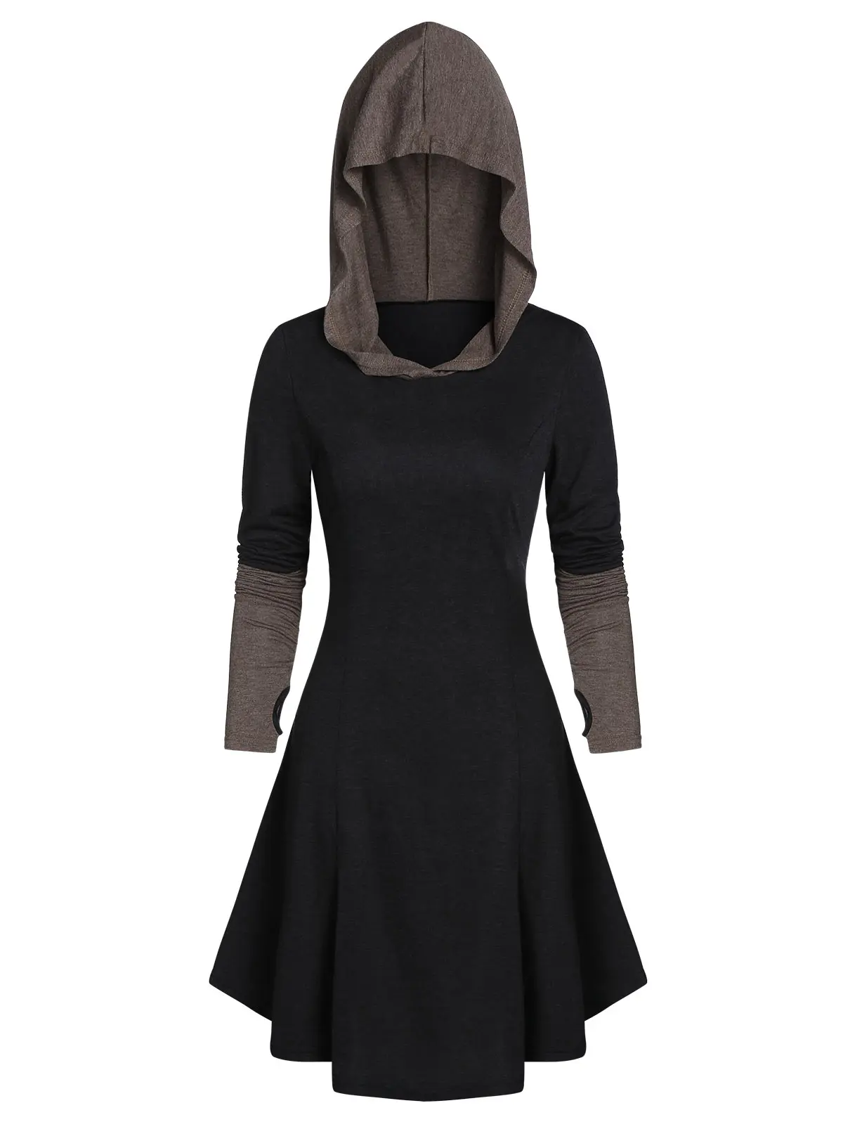 Wipalo Gothic Women Dresses 2019 Hooded Glove Sleeve Lace-Up Contrast Dress Long Sleeves Spring Autumn Casual Vestidos | Женская одежда