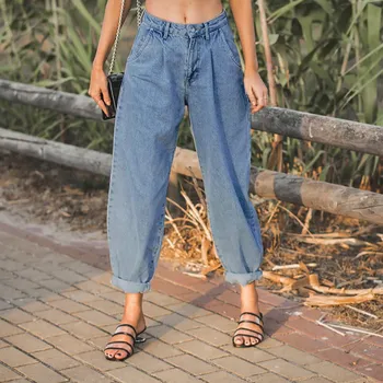 

fashion women loose mom jeans long trousers pockets zipper loose streetwear female blue denim pants